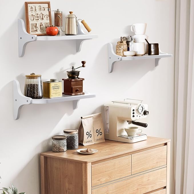 Wooden Floating Shelves for Wall, 15.7" W x 5" D x 0.6" H Large Wall Shelves, Hanging Storage Shelf with Sturdy Brackets for Living Room, Kitchen, Bathroom, Bedroom Decor, White, 3 Packs