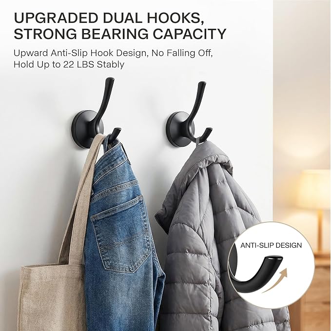 Towel Hooks-Coat Robe Hooks-Heavy Duty Metal Double Bathrobe Hook-Black Towel Hooks for Bathrooms-Kitchen Closet Garage（2Pcs Black）