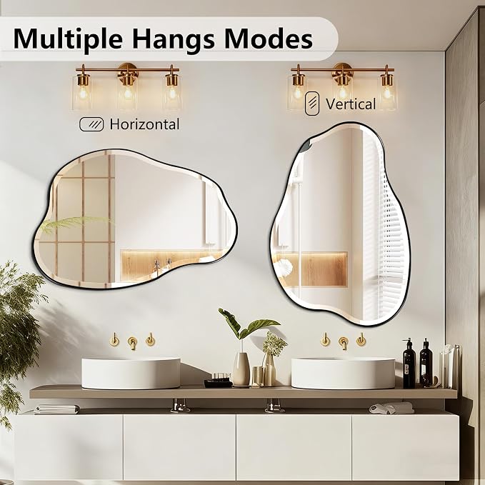 POZINO Irregular Beveled Mirror, 42"x28" Asymmetrical Vanity Wall Mirror with Metal Frame, Organic Shape Mirrors for Entryway Bathroom Living Room Bedroom Hallway, Horizontal or Vertical Hanging