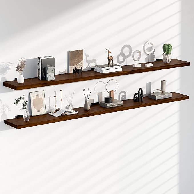 60 Inch Rustic Walnut Wood Floating Shelves 2-Pack - Farmhouse Wall Shelves with 150 lbs Capacity, Easy Installation for Living Room, Kitchen, Bedroom