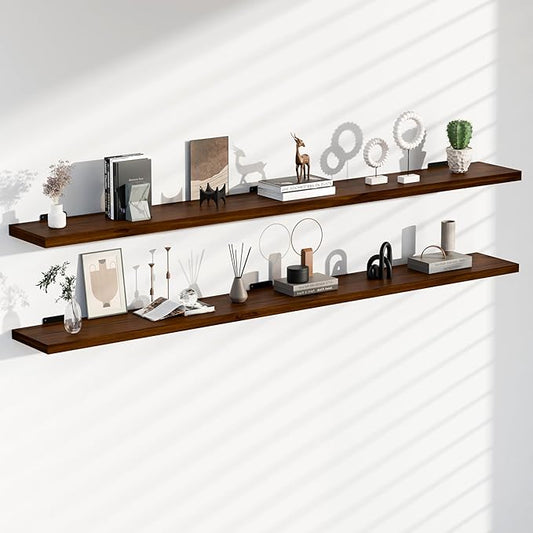60 Inch Rustic Walnut Wood Floating Shelves 2-Pack - Farmhouse Wall Shelves with 150 lbs Capacity, Easy Installation for Living Room, Kitchen, Bedroom