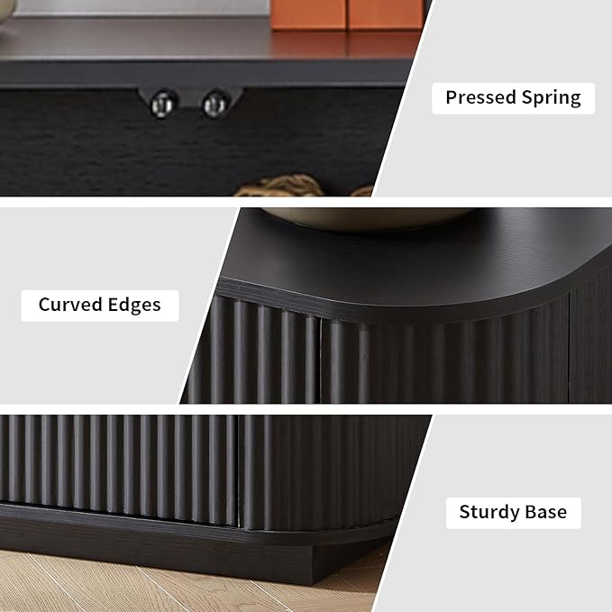 LKTART 64" Sideboard Buffet Cabinet with Storage, Wooden Fluted Storage Cabinet Sideboard Credenza with Adjustable Shelves Pressed Spring for Kitchen Living Room (Black)