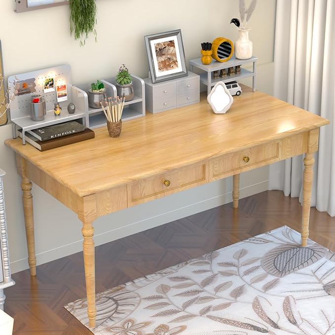 Solid Wood French Country Desk,Writing Desk with Storage Drawers,Farmhouse Computer Table Makeup Table Modern Simple Style,for Home Office Living Room Study Workspace Bedroom (Wood, 47.2IN)
