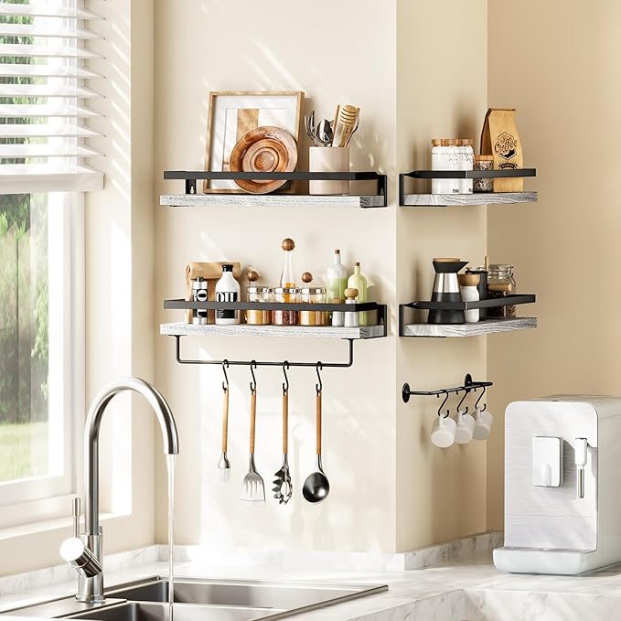 AMADA HOMEFURNISHING Bathroom Shelves with Towel Bar, Floating Shelves, Wall Shelves for Bathroom/Living Room/Kitchen/Bedroom, White, Set of 2 - AMFS01W