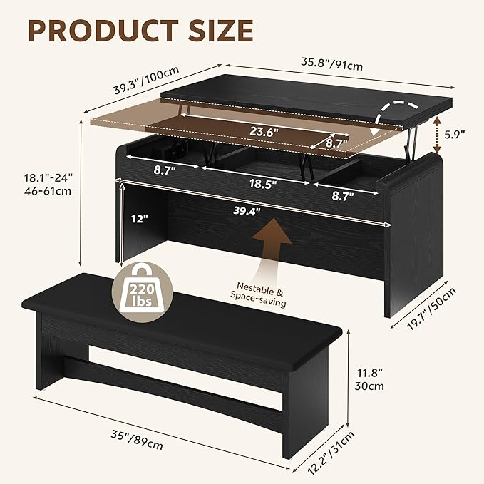 Coffee Table Lift Top, 40'' Multi-Function Coffee Table Set with Bench & Hidden Compartment, Center Table w/Curved Corner, Converts to Home Office Table, Dining Table for Living Room, Black