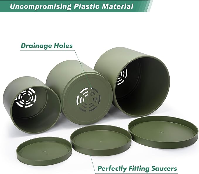 D'vine Dev 8 Inch 10 Inch 12 Inch, Set of 3 Plastic Planter Pots for Plants with Drainage Hole and Seamless Saucers, Olive, X-Large, 74-V-I-5