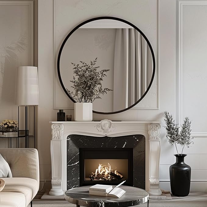 Sunniry Round Mirror 30 inch, Large Round Mirror, Black Bathroom Mirrors with Matte Aluminum Frame, Circle Mirrors for Wall, Bathroom, Living Room, Hallway.