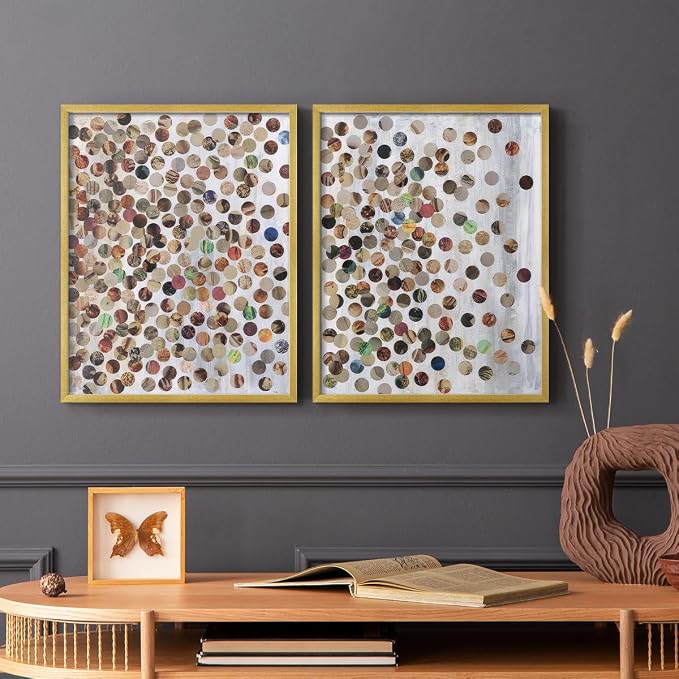 Renditions Gallery Set of 2 Peel & Stick Framed Prints, Textured Abstract Wall Art, Scattered Circular Cutouts Wall Decor, Re-Stickable - Ready to Hang - 16"x20" - GOLD Frame LT588