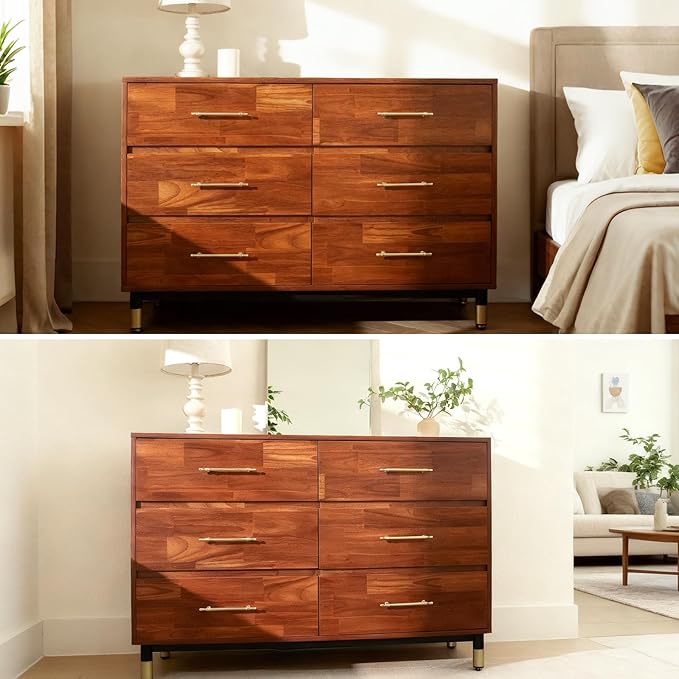 Walnut 6 Drawer Dresser for Bedroom, Modern Brown Wood Chest of Drawers with Wide Storage for Clothes, Closet, or Living Room