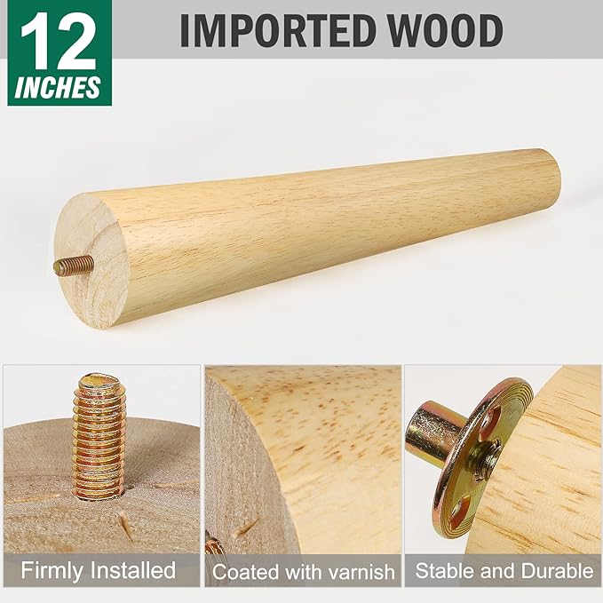 FoDau770 Rubber Wood Furniture Legs 12 Inches, Straight Tapered Wood Feet Mid Century Sofa Legs Set of 4, 5/16" UNC Furniture Feet Replacement Parts for Cabinet Couch Dresser Chair Ottoman Table