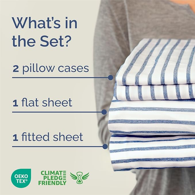 King Size 4 Piece Sheet Set - Comfy Breathable & Cooling Sheets - Hotel Luxury Bed Sheets for Women & Men - Deep Pockets, Easy-Fit, Soft and Wrinkle Free Sheets - Blue Stripes Oeko-Tex Bed Sheet Set