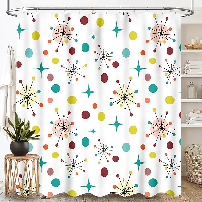 Mid Century Shower Curtain, Geometric Atomic Abstract Iconic Pattern 1950s 1960s Vintage Retro Style Art Pastel Waterproof Fabric Bathroom Shower Curtain Set with Hooks, 72"x72" Inch