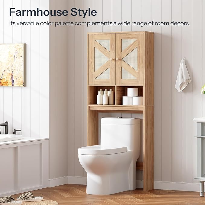 HOOBRO Over The Toilet Storage Cabinet with Rattan-Style Doors, Farmhouse Bathroom Over Toilet Organizer, Bathroom Storage Shelf, Adjustable Shelves, Laundry Room, Natural NL23TS01