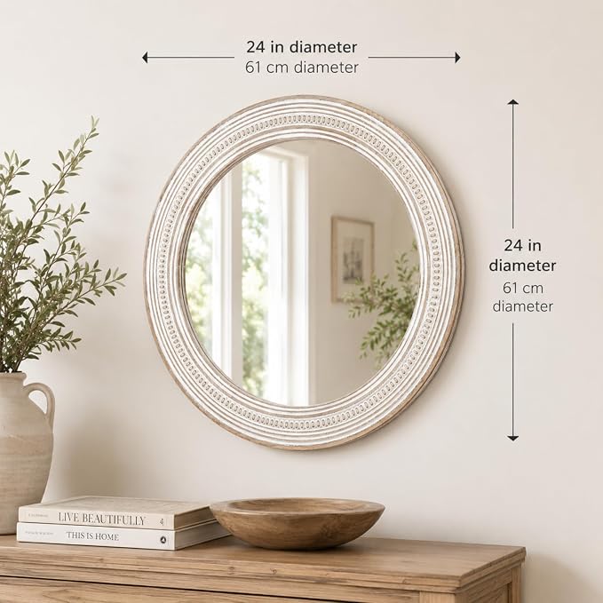 Reflinto 24 Inch Boho Wooden Round Mirrors for Wall Decor, | Rustic Farmhouse Decorative Circle Mirror for Bathroom Over Sink, Living Room, Entryway, Bedroom