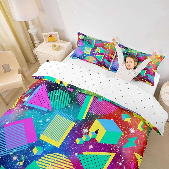 Universe Stars Comforter Cover Cosmic Outer Space Bedding Set for Teens Mens Boys Retro 80s 90s Memphis Duvet Cover Circular Triangle Geometric Quilt Cover Urban Art Bedroom Decor King Size