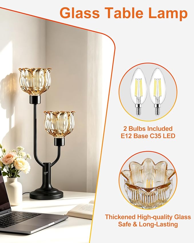 Lightdot Mid Century Modern Table Lamp for Living Room Dimmable Black Flower Desk Lamp Amber Glass Vintage Nightstand Lamp 2 Bulbs Included Warmwhite Ambient Bedside Lamp for Bedroom Home Office Decor