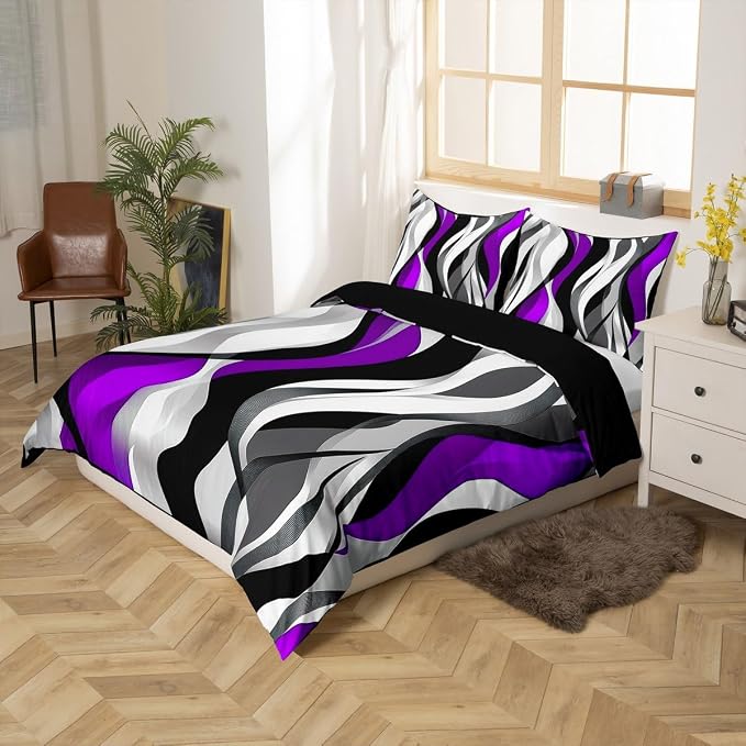 Purple Black Stripes Duvet Cover Set King Size,Minimalist Geometric Striped Waves Bedding Set,Boys Girls Room Decor,Modern Abstract Simple Comforter Cover,Chic Quilt Cover,2 Pillowcases(No Filler)