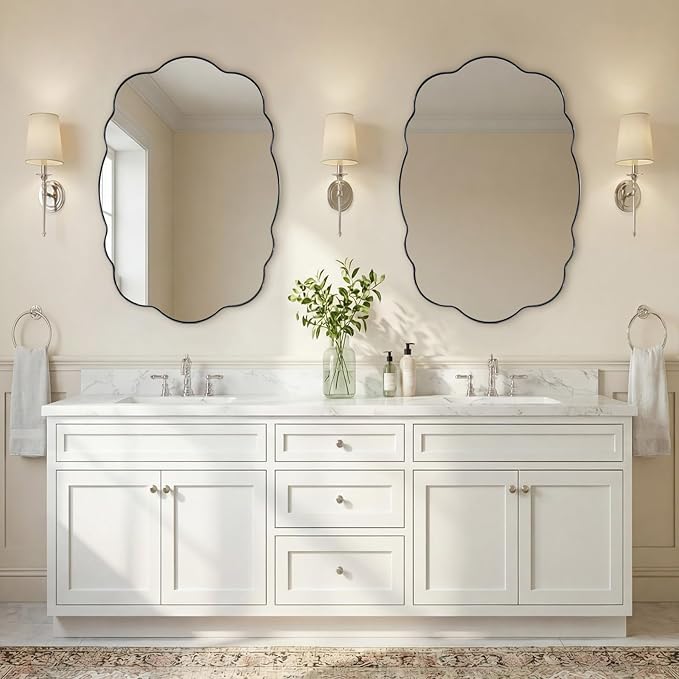 ANDY STAR Brushed Nickel Wavy Oval Bathroom Mirror, 26x38 Inch Silver Scalloped Wall Mirror, Unique Irregular Wall Mirror with Sophisticated Curved Design