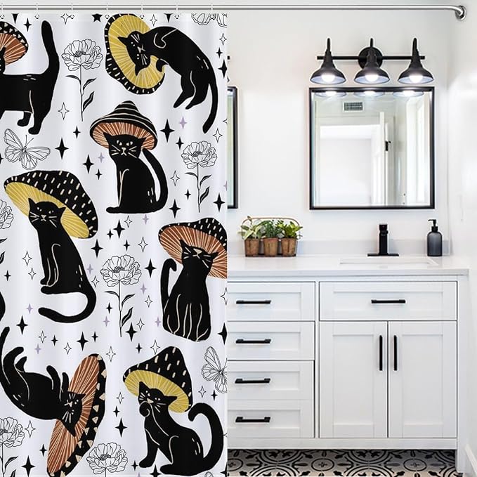 Cat Shower Curtain,Retro Funny Mushroom Star Floral Gothic Print Bathroom Curtain Polyester Waterproof Fabric Decor 66x72in（168x183cm）