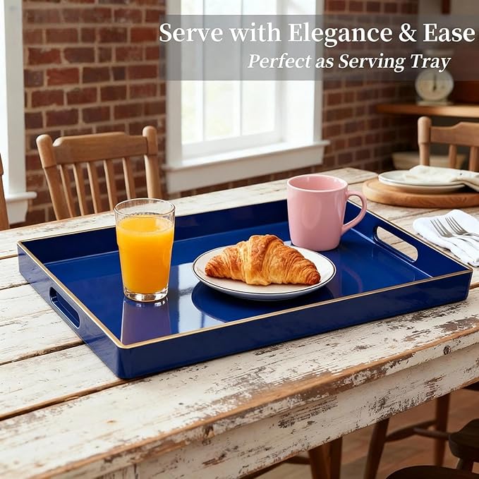 Decorative Tray, Rectangular Plastic Tray with Handles, Modern Vanity Tray and Serving Tray for Bathroom, Kitchen, Ottoman and Coffee Table, 15.6” x 10.2” (Drak Blue)
