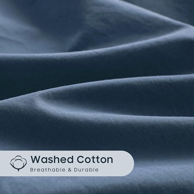 Wake In Cloud - Cotton Duvet Cover Set, 100% Washed Cotton, Linen Like Textured, Breathable Durable Comfy Farmhouse Neutral Bedding Set, 3 Pieces, Navy Blue, Full Size