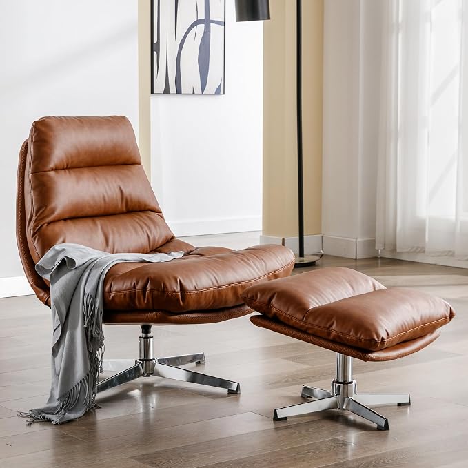 Modern Swivel Accent Chairs with Ottoman Set of 2, PU Leather Oversized Armless Reading Chairs with Footrest, 33'' Wide Upholstered Lounge Chairs with Footstool for Living Room Bedroom Comfy, Brown