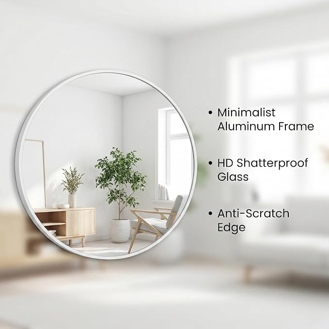 HARRITPURE Round Mirror 24" White Wall Mounted Circle Mirrors Vanity Mirror with Brushed Aluminum Alloy Frame Modern Decoration for Bathroom, Living Room, Vanity, Bedroom, Entryway