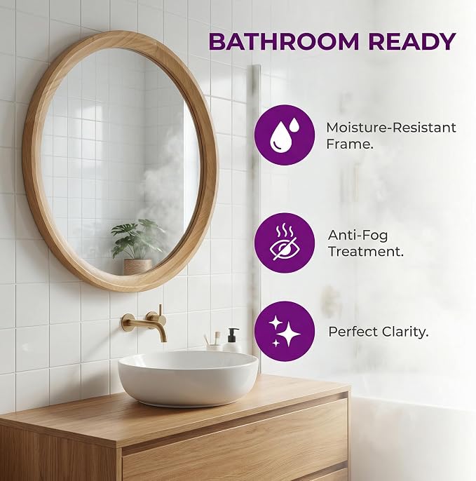 23.62'' Natural Wood Round Wall Mirror with Solid Wood Frame & Pre-Installed Hanging, Decorative Mirror with Large Reflective Surface for Bathroom Bedroom Living Room, Natural