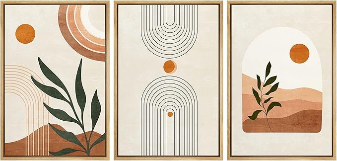 wall26 Framed Canvas Print Wall Art Set Boho Mid-Century Geometric Desert Plant Sun Nature Abstract Illustrations Modern Art Bohemian Decorative for Living Room, Bedroom, Office - 24"x36"x3 Natural