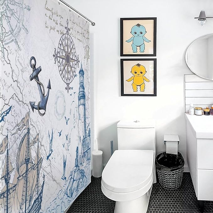 Ocean Nautical Shower Curtains,Sailboat Compass Hand Painted Navigation Vintage Nautical Elements Bathroom Decor Polyester Fabric Waterproof Bathroom Curtain with Hooks,72x72Inch