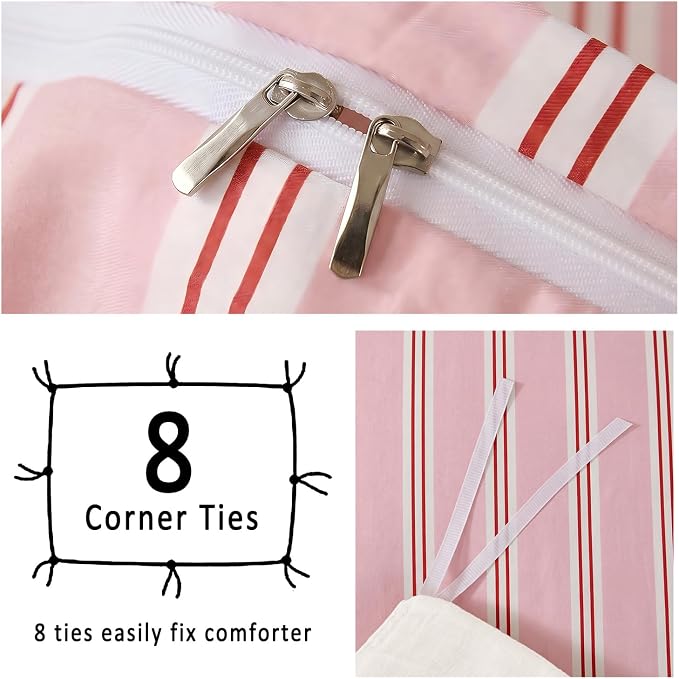 Merryword Striped Duvet Cover Set Queen Size - 100% Cotton Duvet Cover Set, Pink Ribbon Stripes Pattern Comforter Cover 3 Pieces, Soft Linen Like Bedding Set for All Seasons
