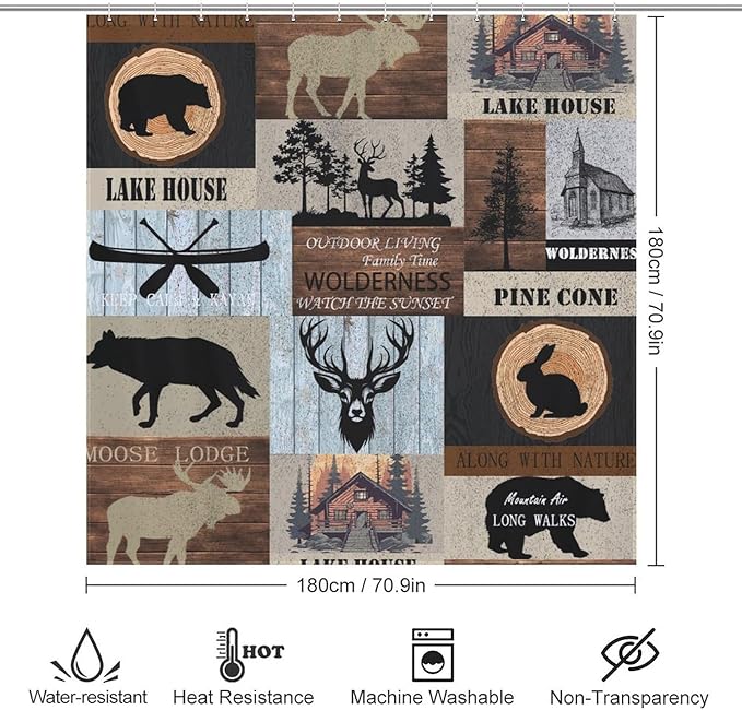 Rustic Cabin Shower Curtain Bear Deer Forest Wildlife Country Lodge Hunting Camping Animal Farmhouse Vintage Waterproof Shower Curtains for Bathroom Decor 12 Pack Hooks 72x72in (183x183cm