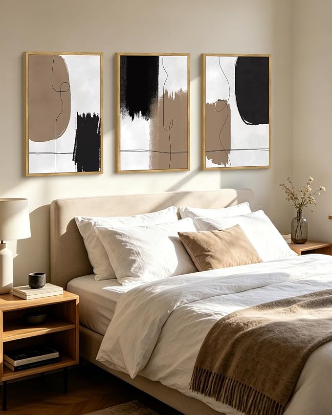 KUVIOKE Neutral Abstract Framed Wall Art Beige Mid Century Textured Wall Decor Minimalist Line Modern Illustrations Art Print Home Decor 24x36in (Natural Framed)
