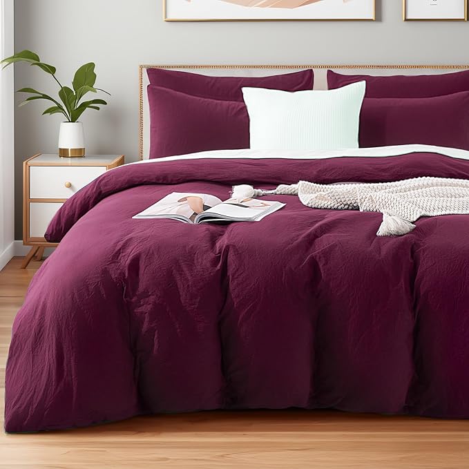 NEXHOME PRO 100% Washed Cotton Duvet Cover Queen Size, Ogranic Natural Linen Feel Breathable Bedding Set with Zipper Closure, 3 Pieces Duvet Cover Set Wine (No Comfortert) 9090