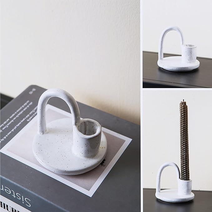 Candle Holder, Ceramic Candle Holder, Christamas Candlestick Holder, for Taper Candles, Vintage Home Decor - White Taper Holder with Handle and Spots - Rustic Style