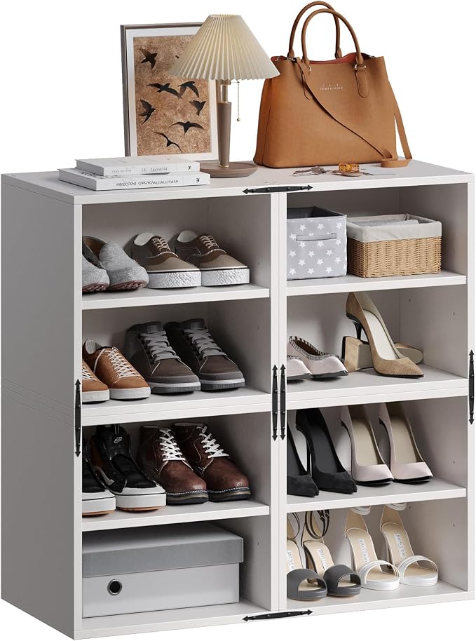 Homkdom 4 Cube Storage Organizer with 2 Removable Open Shelves, DIY Bookcase with Anti-Tip Design, Stackable Cube Shelf for Bedroom, Office, Dorm, White