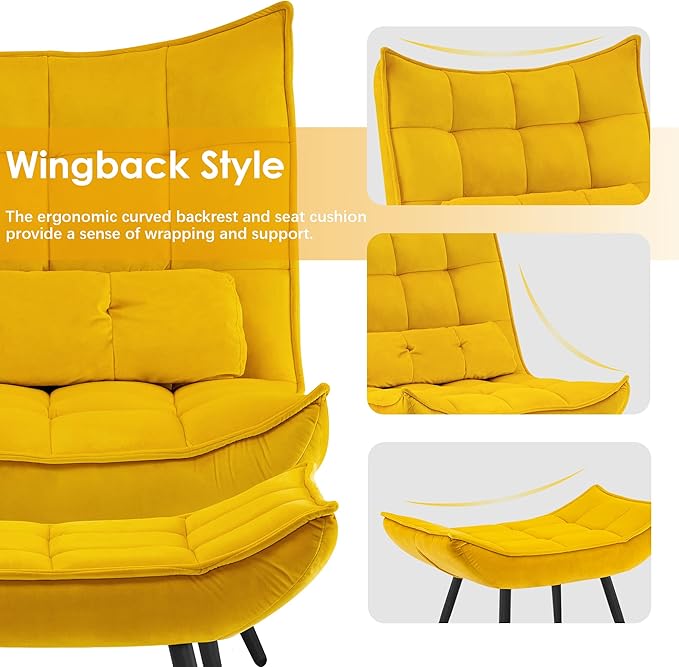 MCombo Accent Chair with Ottoman, Modern Velvet Wingback Lounge Chair, Upholstered Club Chair for Small Space, Living Room & Bedroom 4079 (2, Yellow)