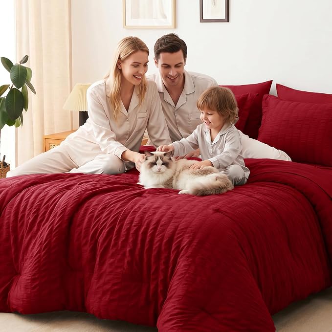 CozyLux Oversized Queen Comforter Set with Sheets, 7 Pieces 98"x98" Dark Red Seersucker Bed in a Bag, Luxury Soft Bedding Sets with Down Alternative Comforter, Sheets, Pillowcases & Shams, Home Gift