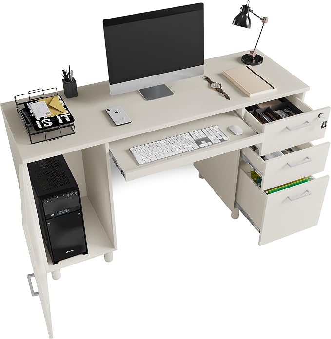 Modern Design Venice Computer Office Desk with 3 Locking Drawers and Storage Cabinet, 53 Inch Home and Office Executive White Desk with Keyboard Tray by Crafts and Comfort