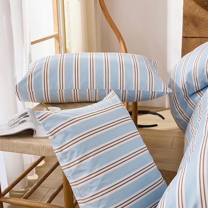 Merryword Striped Duvet Cover Set Queen Size - 100% Cotton Duvet Cover Set, Light Blue Ribbon Stripes Pattern Comforter Cover 3 Pieces, Soft Linen Like Bedding Set for All Seasons