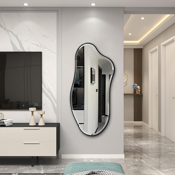 POZINO Irregular Beveled Mirror, 53"x26.5" Large Organic Shape Mirror with Black Metal Frame, Asymmetrical Decorative Wall Mirrors for Entryway Living Room Bedroom, Horizontal/Vertical Hanging