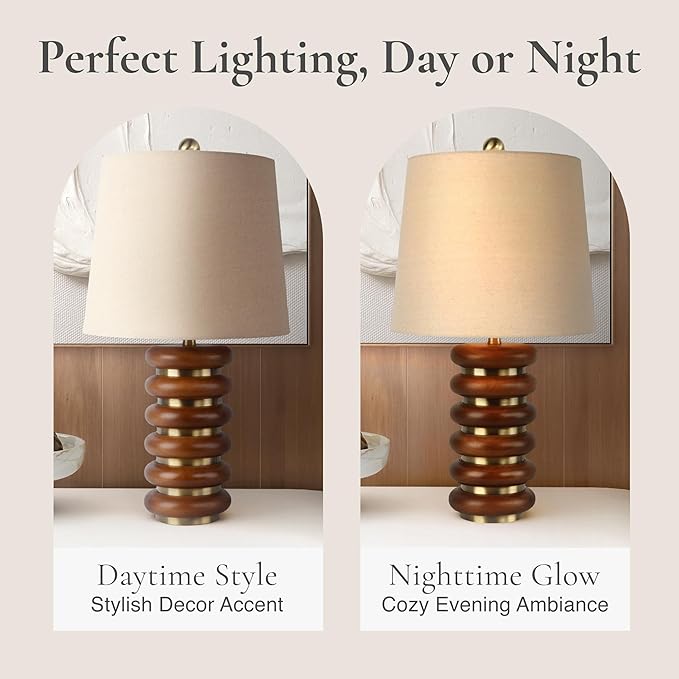 Abani Table Lamp Thalia Stacked Ring 21.5” – Mid-Century Modern Brown Wood Base with Wheat Linen Shade – E26 Bulb Included – Stylish Desk Lamp for Bedroom, Living Room, Dorm or Nightstand
