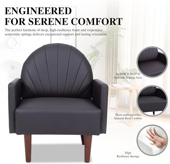 Mid-Century Accent Chair, Faux Leather Armchair - Shell-Shaped Back Waterproof PU Leather Modern Retro Lounge Chair for Living Room, Office, Bedroom & Waiting Room