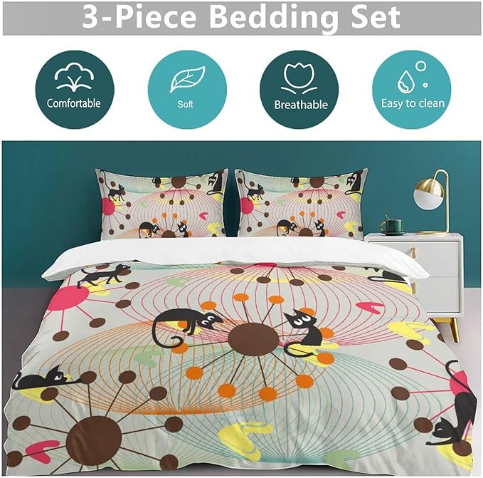 Mid Century Duvet Cover Sets Vintage Black Cat Modern Style Printed Lightweight Soft Quilt Cover Abstract Geometric Minimalist Soft Microfiber 3 Piece (1 Duvet Cover 68x86in + 2 Pillow Sham 20x30in)