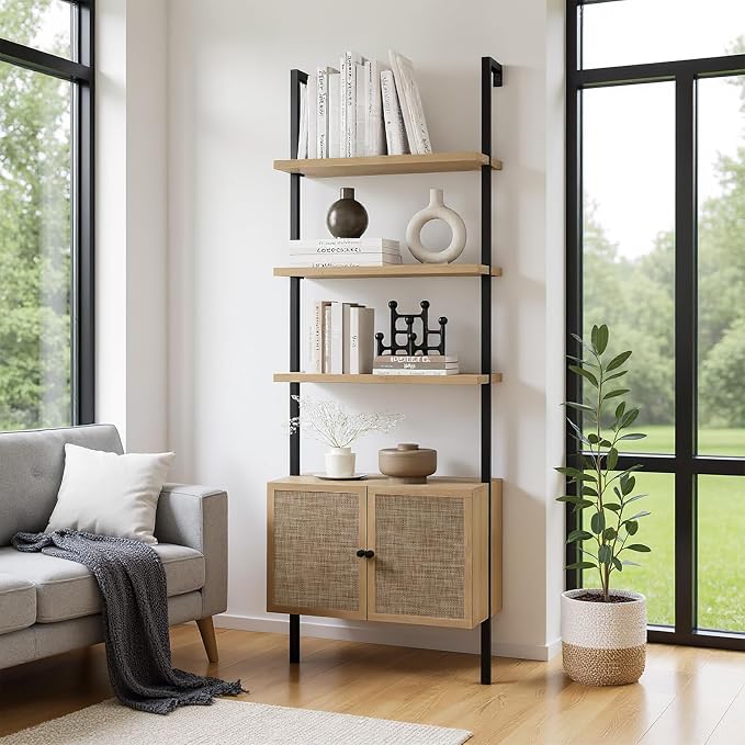 Rattan Bookcase, 6 Tier Ladder Bookshelf with Rattan Cabinet, Wall Mount Tall Bookshelves and Bookcases with Metal Storage Shelves Display for Living Room Bedroom Home Office, Oak