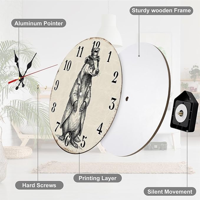Dapper Badger Vintage Wooden Wall Clock Silent Non Ticking - Frameless Battery Operated Decor for Living Room, Kitchen, Office, Bedroom, Unique Gift Idea