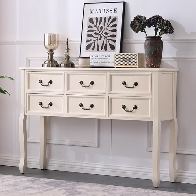 Farmhouse Console Table Sofa Table with Drawers, Solid Wood Entryway Foyer Table with Large Storage Space for Hallway/Living Room (Color : Ivory White, Size : L:120cm)