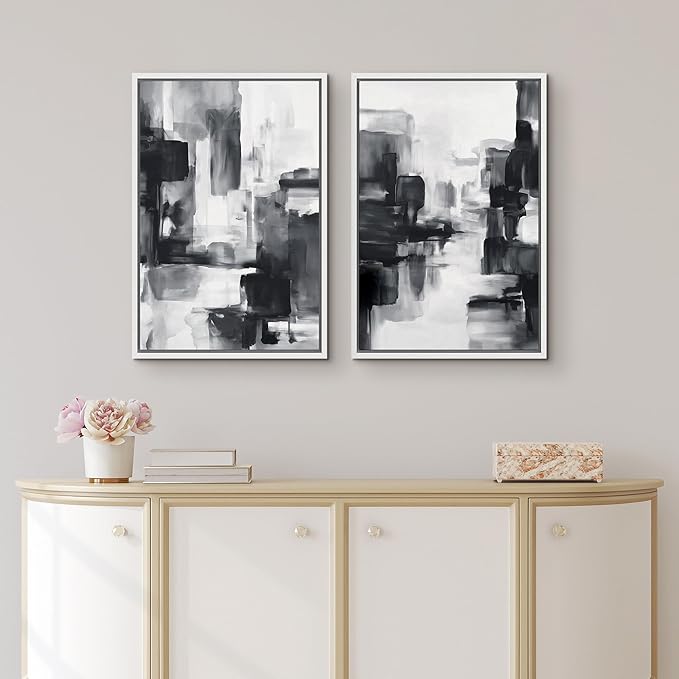 IDEA4WALL Framed Canvas Print Wall Art Set Black and White Urban Abstract Bold Monochrome Brushstroke Illustrations Modern Art Decorative Calm/Zen for Living Room, Bedroom, Office - 16"x24"x2 White