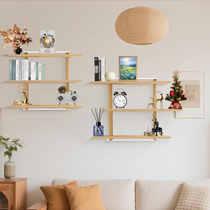 Wall Shelves，Variable Wood Floating Shelves of 3 Tier，Solid Oak Wall-Mounted Shelves for Bathroom, Living Room & Farmhouse Decor ，Easy Install Rustic Wood Floating Shelves