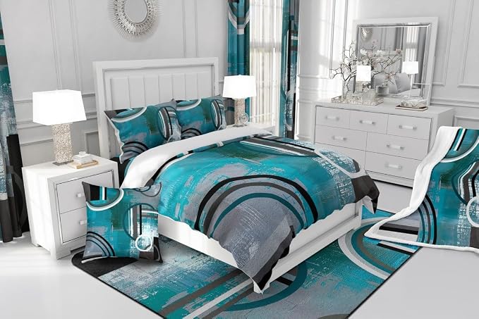 Teal Blue Green Gray Duvet Cover Queen,Grunge Oil Painting Style Bedding,Modern Geometric Swirls Comforter Cover,Abstract Circles Square Pattern Bedspread Cover with Zipper& Ties Bedroom Decor